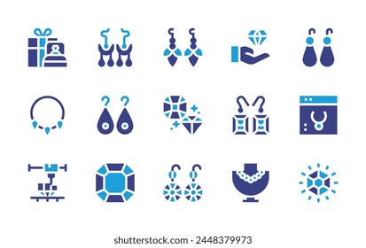 Schmuck-Icon-Set. Zweitonfarbe. Vektorillustration. Enthält Diamant, Schmuck, Diamantring, Saphir, Halskette, Ohrringe.