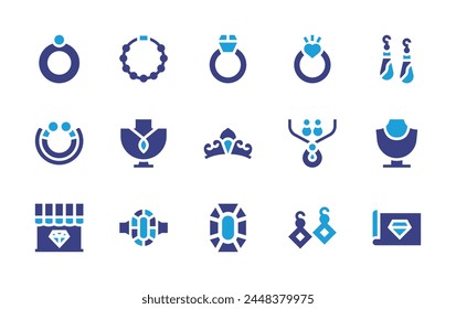 Schmuck-Icon-Set. Zweitonfarbe. Vektorillustration. Enthält Diamantring, Verlobungsring, Ohrringe, Pfandhaus, Halskette, Schmuck, Tiara, Armband, Edelstein, Shakha Pola, Ring, Blaupause.