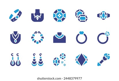 Schmuck-Icon-Set. Zweitonfarbe. Vektorillustration. Enthält Diamantring, Rubin, Armband, Zauberstab, Saphir, Schmuck, magischer Ring, Halskette, Ohrringe, Ring, Diamanten.