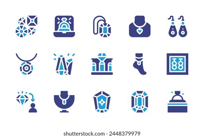 Jewelry icon set. Duotone color. Vector illustration. Containing jewelry, jewelry store, anklet, emerald, gems, engagement ring, earrings, diamonds, necklace, ring.