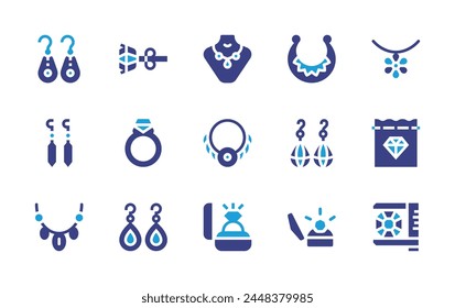 Jewelry icon set. Duotone color. Vector illustration. Containing earrings, diamond ring, accessory, pendant, ring, jewelry, diamonds, necklace, turquoise, measure.