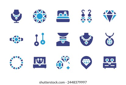 Jewelry icon set. Duotone color. Vector illustration. Containing diamond, ring, necklace, jewelry, earrings, jewelry box, choker, shakha pola, marriage.