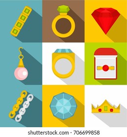 Jewelry icon set. Flat style set of 9 jewelry vector icons for web design