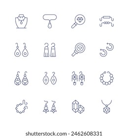 Jewelry icon set. Thin line icon. Editable stroke. Containing earrings, bracelet, necklace, tassel, preciousstones, search, diamond, jewelry.