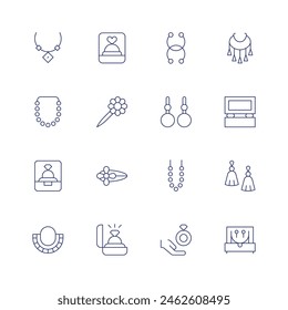Jewelry icon set. Thin line icon. Editable stroke. Containing pearl, necklace, ring, hairclip, brooch, weddingrings, accessories, bracelet, beads.