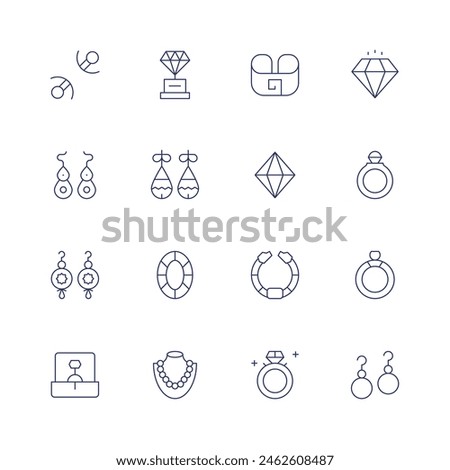 Jewelry icon set. Thin line icon. Editable stroke. Containing piercing, earrings, reward, gems, earring, bracelet, emerald, diamondring, diamond, ring.