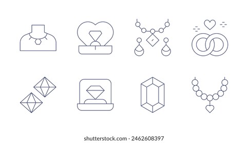 Jewelry icons. Editable stroke. Containing necklace, diamond, diamondring, gem, earrings, weddingrings.