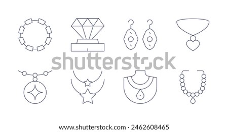 Jewelry icons. Editable stroke. Containing amulet, chain, diamond, necklace, earrings, jewelry.