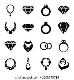 Jewelry icons. set of 16 editable filled jewelry icons such as necklace, ring, gem, rings, ring in box, diamond