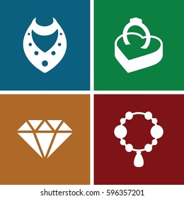 jewelry icons set. Set of 4 jewelry filled icons such as necklace, ring in box