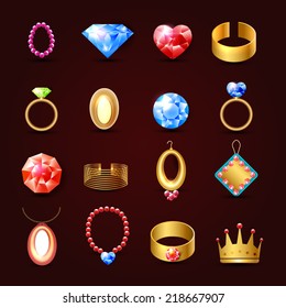 Jewelry icons set of diamond gold fashion expensive accessories isolated vector illustration