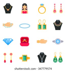 Jewelry icons set with earrings rings and bracelets flat isolated vector illustration 