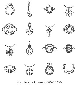 Jewelry icons set. Various ornaments, thin line design. Rings, necklaces, earrings, pendants, linear symbols collection. bijouterie, isolated vector illustration.