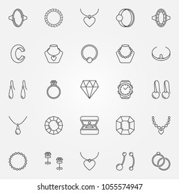 Jewelry icons set - vector collection of diamond, rings, bracelet, earrings, necklace, and other jewel outline signs or logo elements