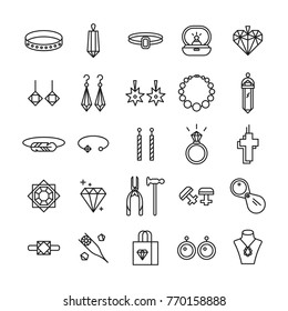 Jewelry icons. Jewelry shop symbols. Wedding ring, necklace, jeweler, 