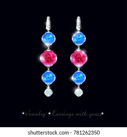 Jewelry illustration. Earrings of precious stones and white metal.