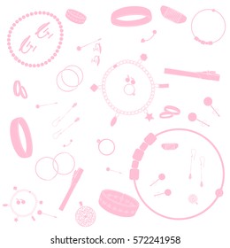 Jewelry illustrations pattern. Pink images, white background