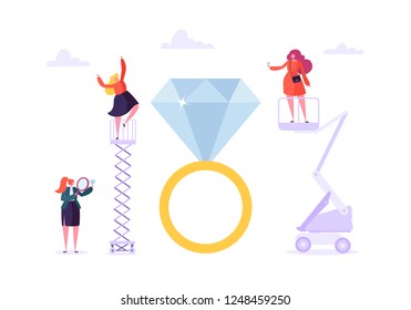 Jewelry industry concept. Jeweler seller with diamonds in store. Woman character buying luxury jewels in gemstone shop. Vector illustration