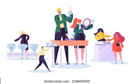 Jewelry industry concept. Jeweler seller with diamonds in store. Woman character buying luxury jewels in gemstone shop. Vector illustration