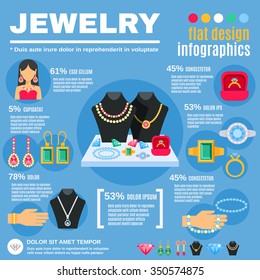 Jewelry infographic set with woman earrings and rings flat vector illustration 