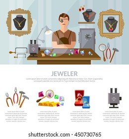 Jewelry infographics earrings rings gems jeweler at work vector illustration 