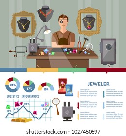 Jewelry infographics jewels earrings rings gems jeweler at work