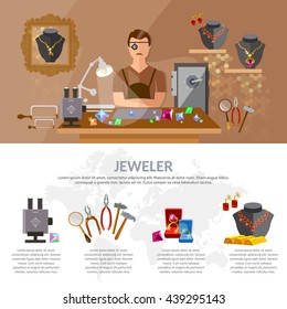 Jewelry infographics  jewels earrings rings gems jeweler at work making jewelry vector illustration 