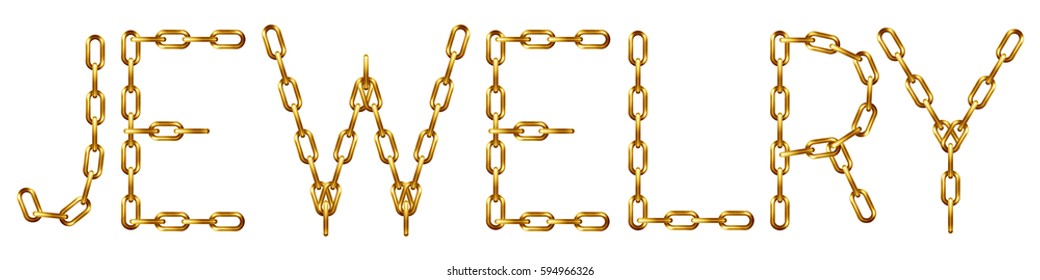 Jewelry inscription with the letters made from golden chain, isolated on white
