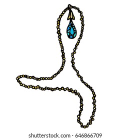 Jewelry Isolated On a White Background Doodle Cartoon Vintage Hand Drawn Sketch. Golden Chain Necklace Pendant Drop Shape.