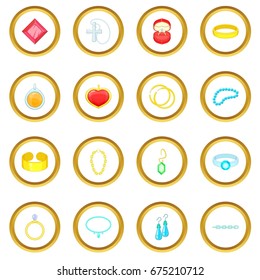 Jewelry items icons circle gold in cartoon style isolate on white background vector illustration