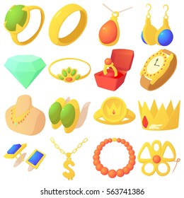 Jewelry Items Icons Set. Cartoon Illustration Of 16 Jewelry Items Vector Icons For Web