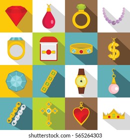 Jewelry items icons set. Flat illustration of 16 jewelry items vector icons for web