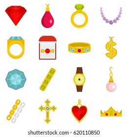 Jewelry items icons set in flat style isolated vector illustration