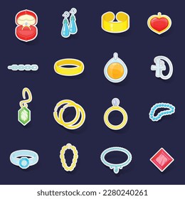 Jewelry items icons set stikers collection vector with shadow on purple background