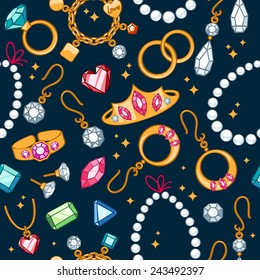 Jewelry items seamless dark background. Pattern with rings, earrings, pearl beads and gemstones.