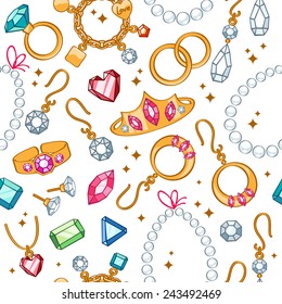 Jewelry items seamless light background. Pattern with rings, earrings, pearl beads and gemstones.