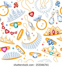 Jewelry items seamless white background. Pattern with rings, earrings, pearl beads and gemstones.