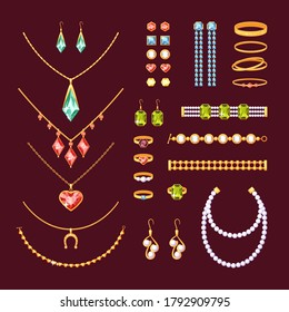 Jewelry items set. Fashionable necklaces with pearls ruby cufflinks rings bracelets tourmaline diamonds gold earrings pendants with topaz necklace emeralds and sapphires. Precious vector.