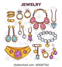 Jewelry items vector flat collection isolated on white. Colorful poster of expensive luxury accessories for women. Wedding rings, gold necklace, chains with precious stones, pearl bracelet, safety pin