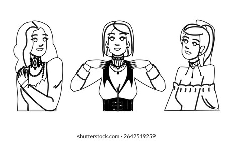 jewelry lace choker woman vector. style vintage, gothic trendy, delicate feminine jewelry lace choker woman character. people black line pencil drawing illustration