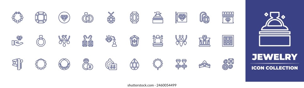 Jewelry line icon collection. Editable stroke. Vector illustration. Containing jewelry, aquamarine, ring, caliper, jewelry store, tiara, bracelet, necklace, earrings, diamonds.