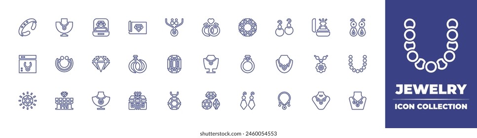 Jewelry line icon collection. Editable stroke. Vector illustration. Containing diamond, necklace, jewel, pendant, ring, jewelry store, jewelry, earrings, emerald, wedding rings.