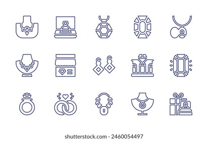 Jewelry line icon set. Editable stroke. Vector illustration. Containing necklace, earrings, jewel, jewelry store, ring, jewelry, marriage, engagement ring, gem.