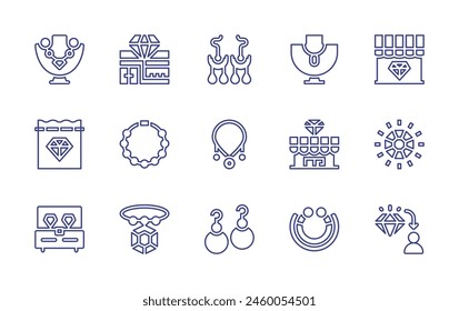 Jewelry line icon set. Editable stroke. Vector illustration. Containing necklace, pawn shop, earrings, jewelry, jewelry box, jewelry store, bracelet, diamonds, shakha pola, diamond.