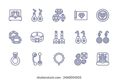 Schmucklinie-Icon-Set. Bearbeitbarer Strich. Vektorillustration. Enthalten Rubin, Schmuckschatulle, Premium, Verlobungsring, Ohrringe, Piercing, Diamanten, Ring, Blaupause, Armband, Diamant, Halskette.