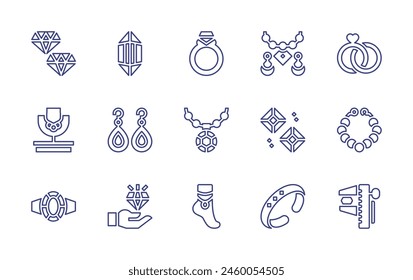 Jewelry line icon set. Editable stroke. Vector illustration. Containing earrings, diamond, diamond ring, ring, bracelet, anklet, jewelry, gemstone, rhinestone, gems.