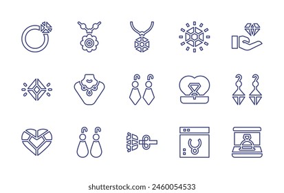 Schmucklinie-Icon-Set. Bearbeitbarer Strich. Vektorillustration. Enthält Schmuck, Saphire, Ohrringe, Diamantring, Anhänger, magischer Ring, Schmuck, Edelstein.