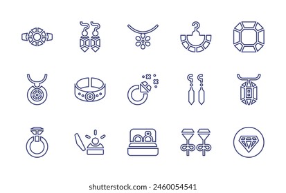 Jewelry line icon set. Editable stroke. Vector illustration. Containing ring, diamond, jewelry, necklace, gem, bracelet, earrings, marriage.