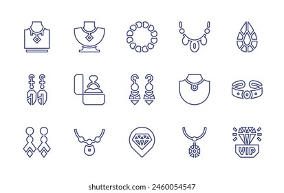 Jewelry line icon set. Editable stroke. Vector illustration. Containing jewelry, bracelet, earrings, diamond, necklace, jade, engagement ring.