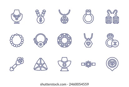 Jewelry line icon set. Editable stroke. Vector illustration. Containing diamond ring, necklace, pearl necklace, diamond, ring, accessory, wand, jewelry, gems, location pin.